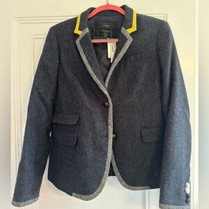 J. Crew Navy Schoolboy Herringbone Wool Blazer yellow trim. NWT